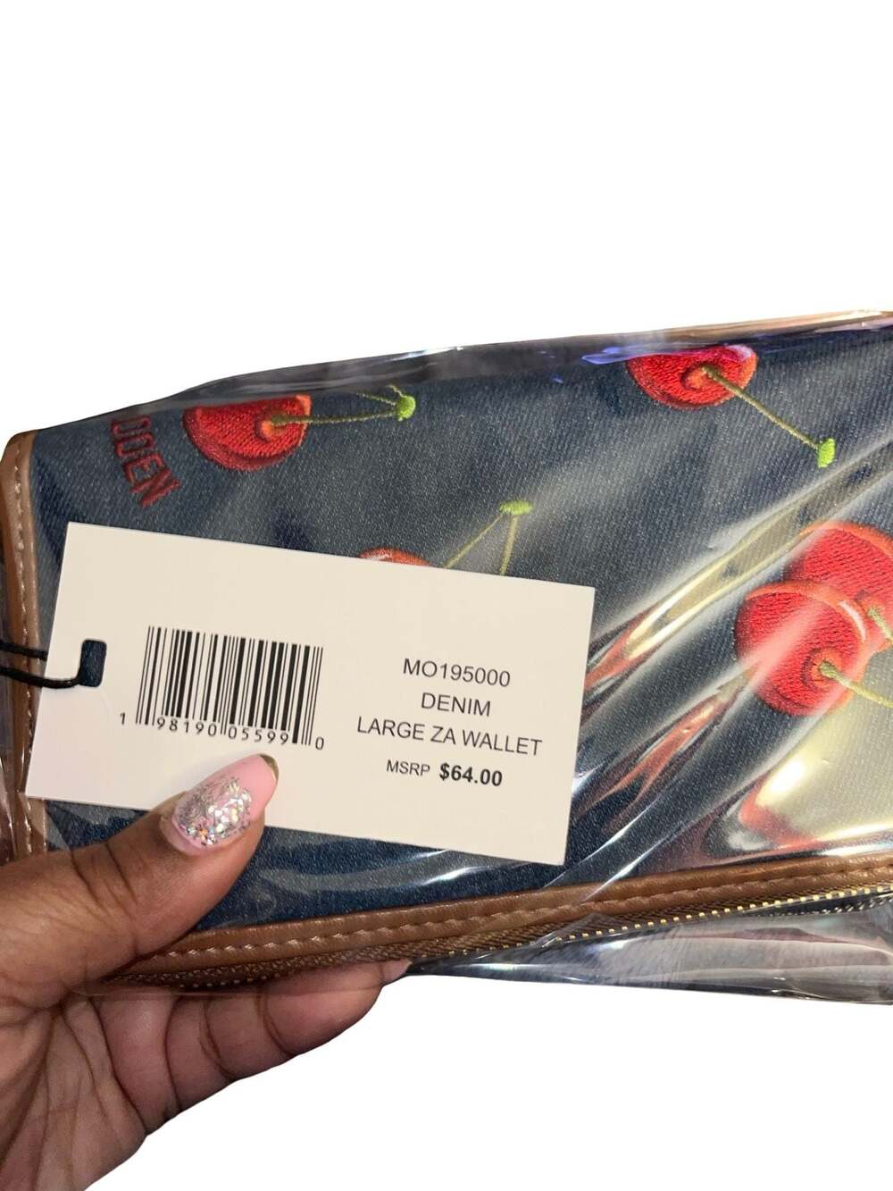 Steve Madden Denim Cherry Embroidered Large Zip Around Wallet New - Picture 10 of 10
